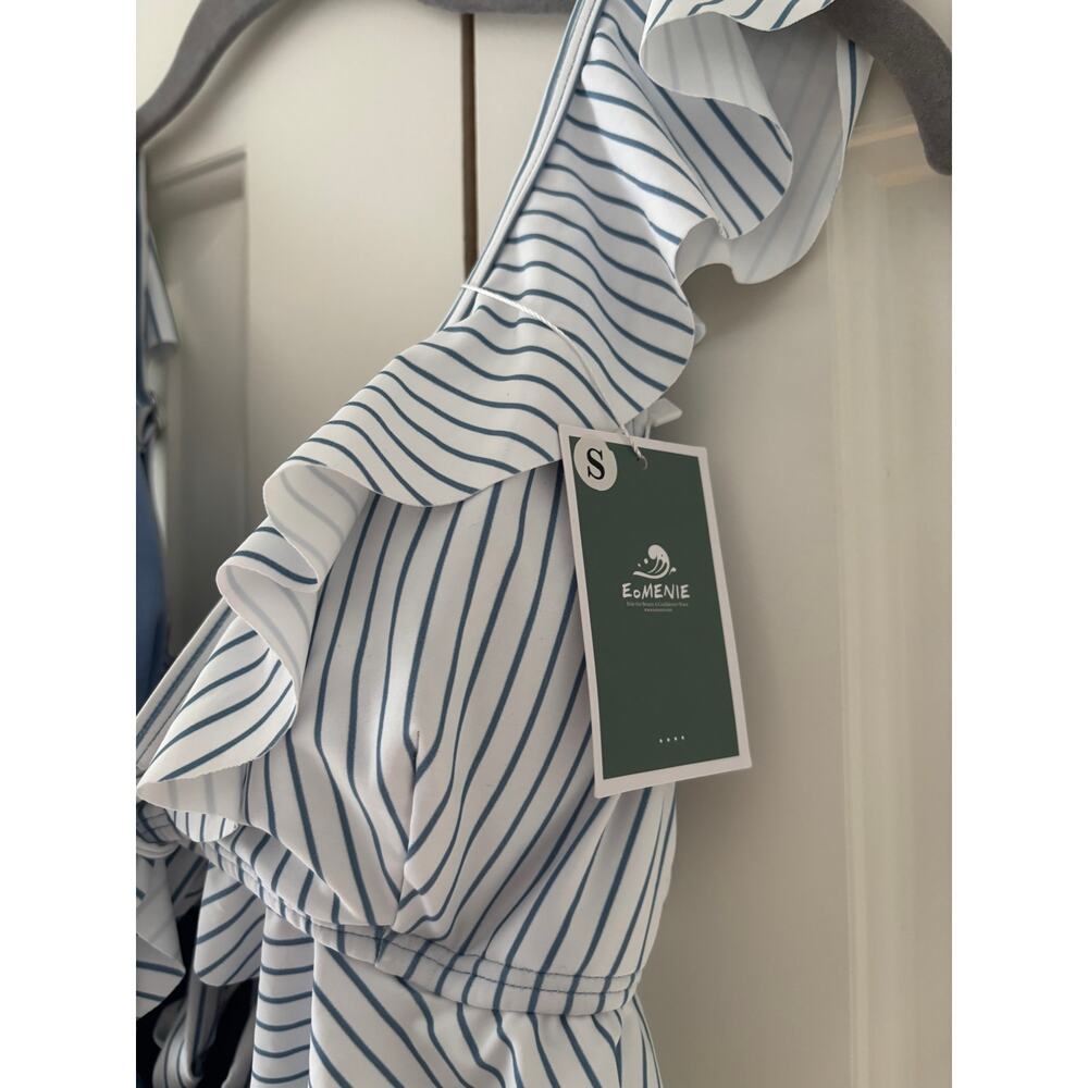 E.O.Menie Blue Striped Ruffle One-Piece Swimsuit S - Picture 3 of 6